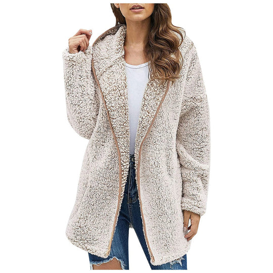 Damen Flauschige Kapuzenjacke im oversized Schnitt mit Eingrifftaschen und Reißverschluss EB