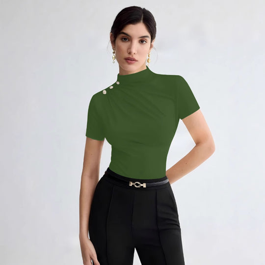 Damen elegantes Oberteil mit dekorativen Knopfdetails und modernem Stehkragen EB