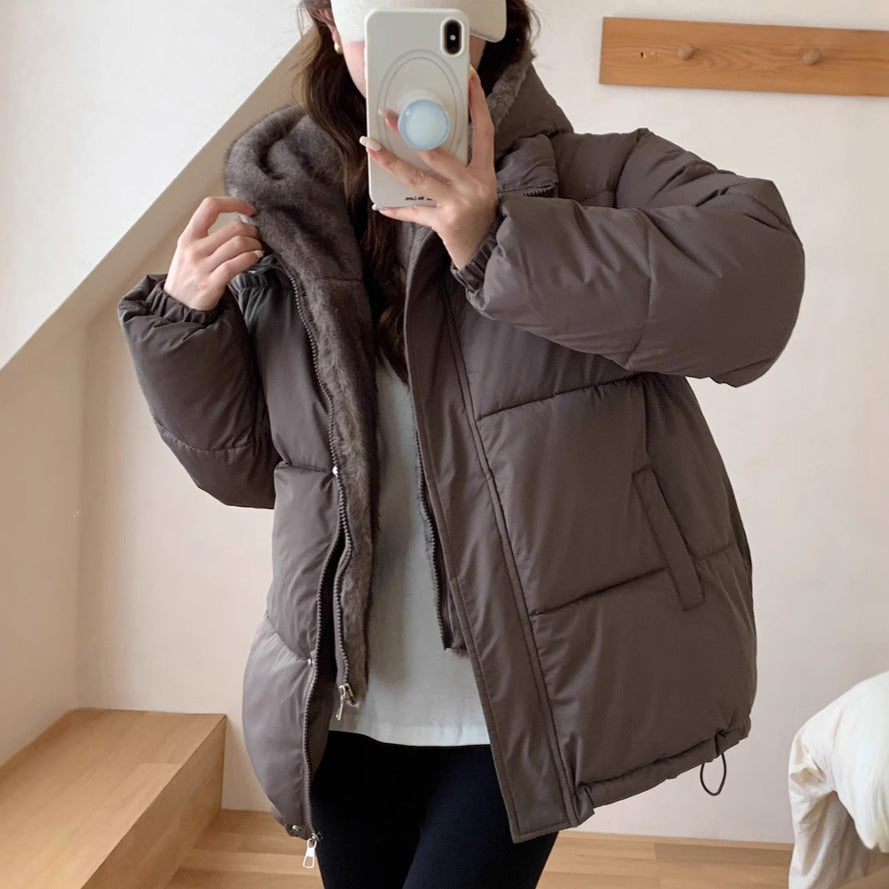 Damen Modische Pufferjacke mit abnehmbarem Kunstfellkragen und praktischen Taschen EB