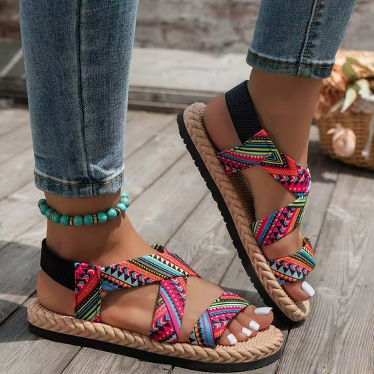 Damen Komfortable Riemensandalen mit elastischen Kreuzriemen und rutschfester Sohle EB