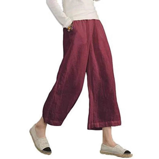 Damen weite Leinenhose mit seitlichen Taschen und elastischem Bund EB