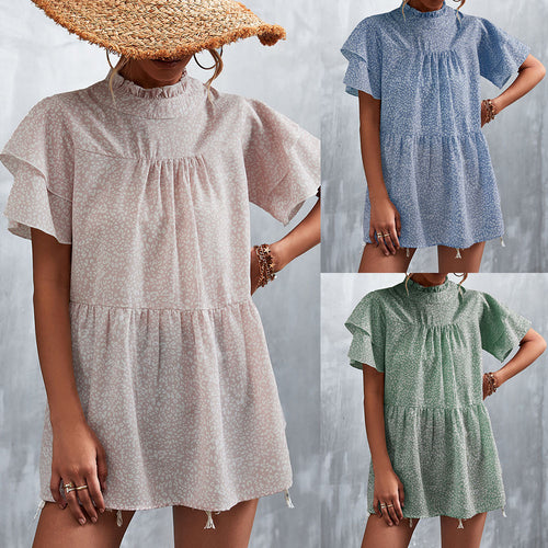 Damen luftiges Freizeitkleid mit voluminösen Rüschen und hohem Stehkragen EB