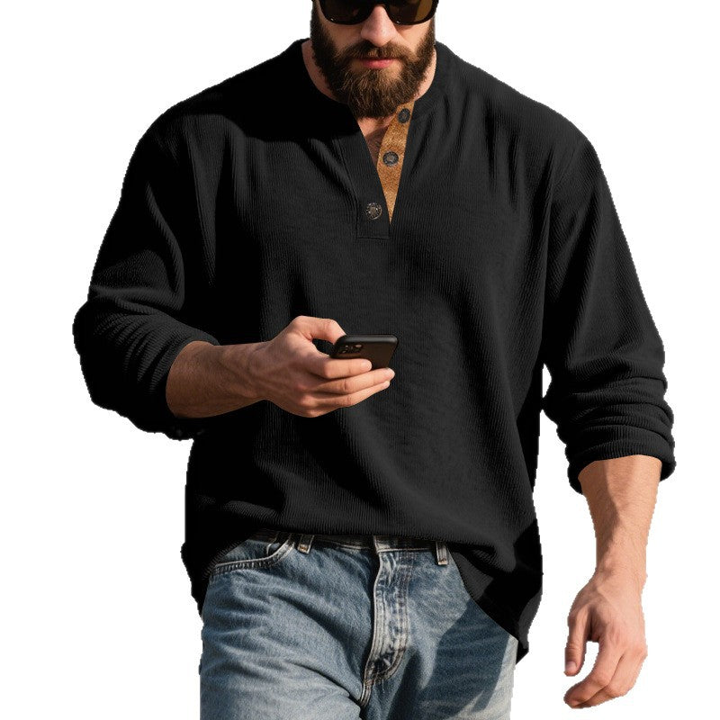 Herren nan langärmeliges Henleyshirt aus strukturierter Baumwollmischung mit Zierknopfleiste EB