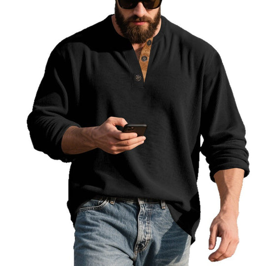 Herren nan langärmeliges Henleyshirt aus strukturierter Baumwollmischung mit Zierknopfleiste EB