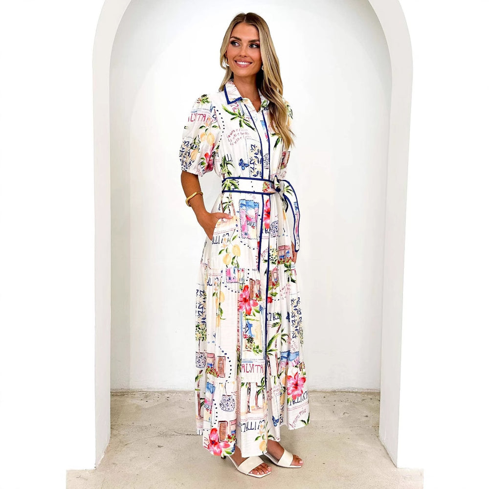 Damen Maxikleid mit buntem floralem Druck und einem eleganten Gürtel EB