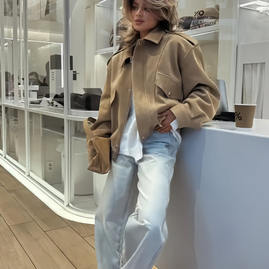 Damen modische Oversized-Jacke mit lässigem Schnitt und praktischen Taschen EB