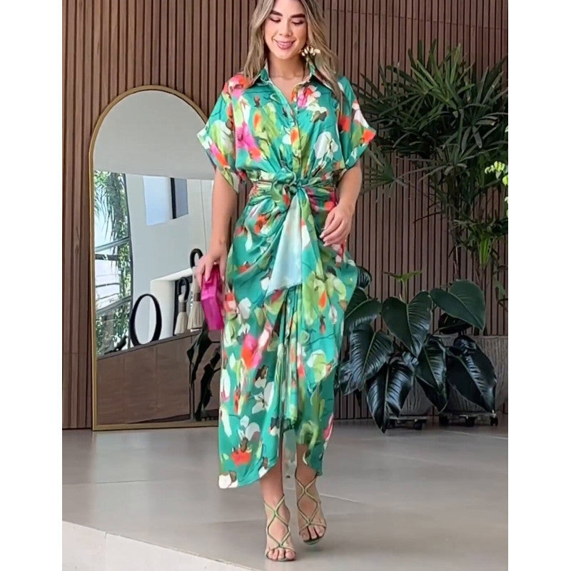 Damen luftiger Kaftan mit floralem Design und dekorativem Knoten EB