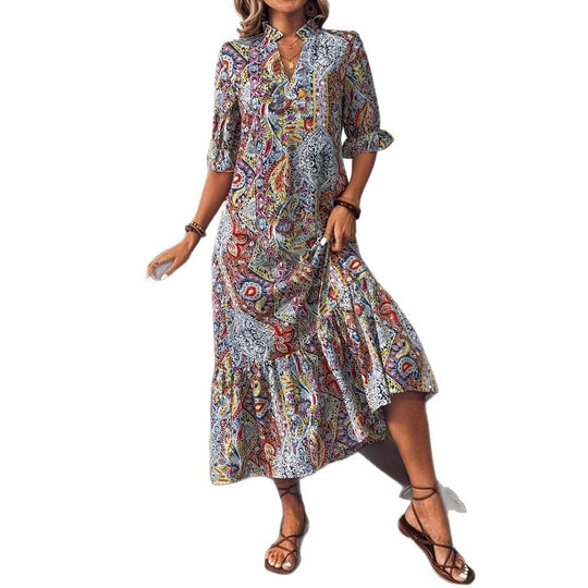 Damen Maxikleid mit buntem Paisley-Muster und modischem Volant EB