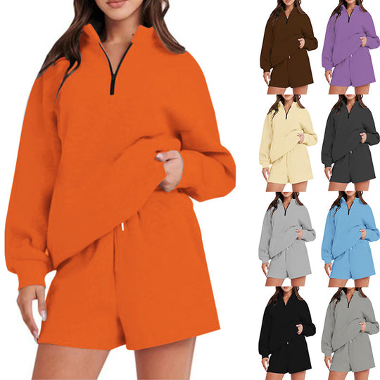 Damen bequemen Freizeit-Sweatanzug mit halbem Reißverschluss und Shorts EB