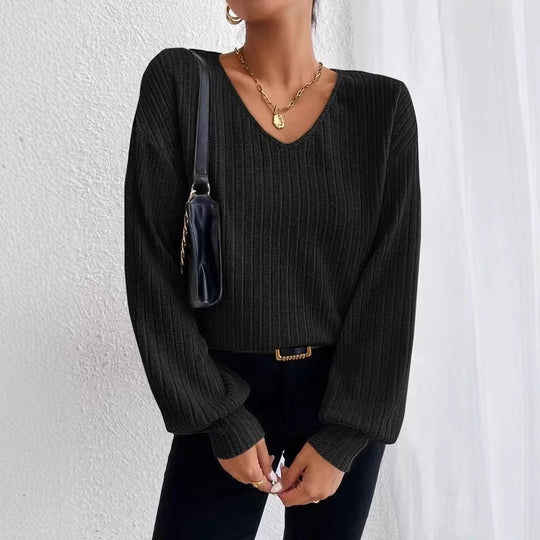 Damen Strukturierter V-Ausschnitt Pullover mit weiten Ärmeln EB