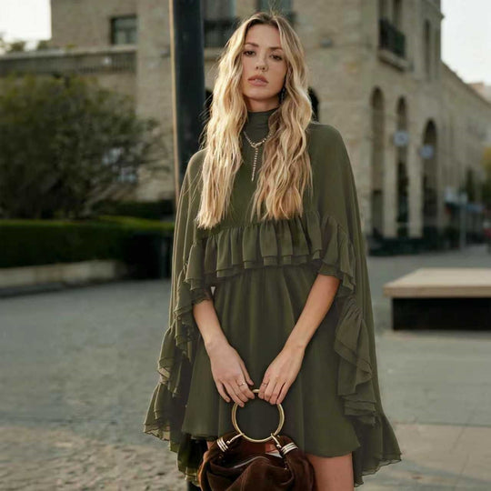 Damen Elegantes Rüschendress mit hochgeschlossenem Ausschnitt und fließendem Schnitt EB
