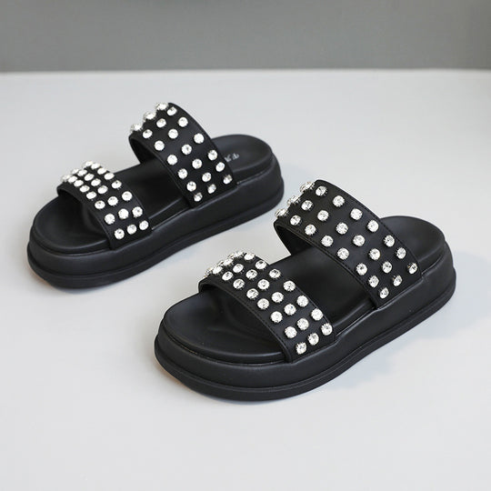 Damen Glamouröse Strandsandalen mit funkelnden Kristall-Applikationen EB