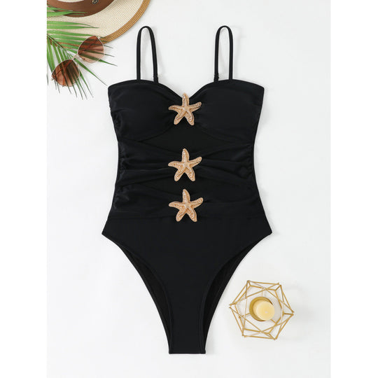 Damen eleganter Badeanzug mit einzigartigem Nackenansatz und glitzernden Sternenapplikationen EB