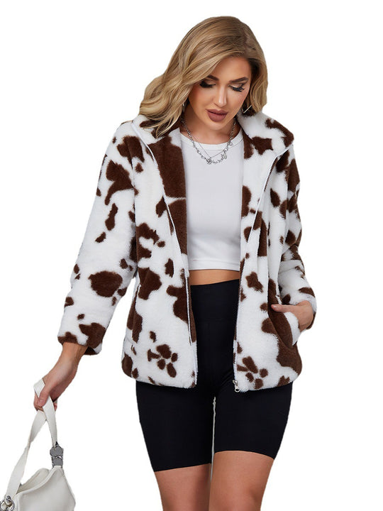 Damen Kuschelige Kunstpelzjacke mit tierischem Muster EB