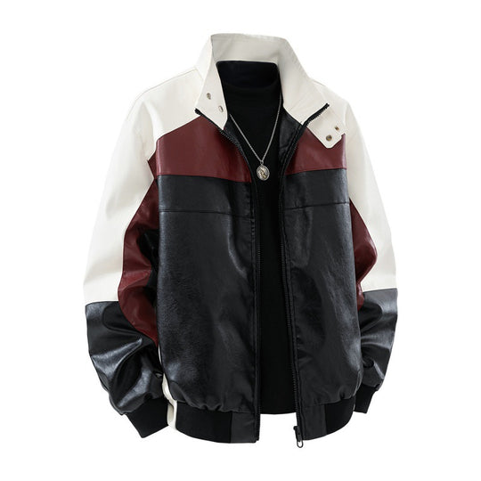 Herren Lederimitat-Bomberjacke im Colorblock-Stil mit Stehkragen, Zwei-Wege-Reißverschluss und elastischen Bündchen EB