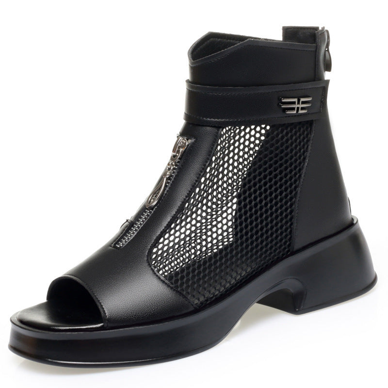 Damen Offene Stiefeletten mit Netzdesign und modischem Reißverschluss EB