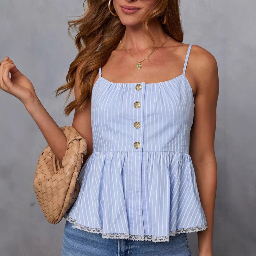 Damen Peplum-Oberteil mit Knopfdetaillierung und Spitzenakzent EB
