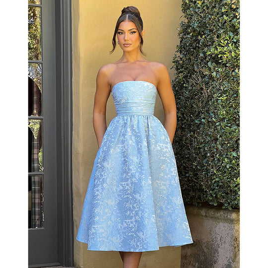 Damen schulterfreies A-Linien Kleid mit luxuriösem Blumenmuster EB