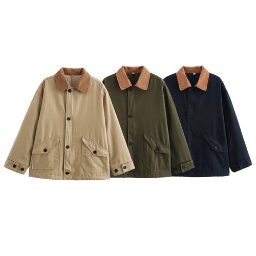 Damen lässige Utility-Jacke mit Cordkragen und großen Taschen EB