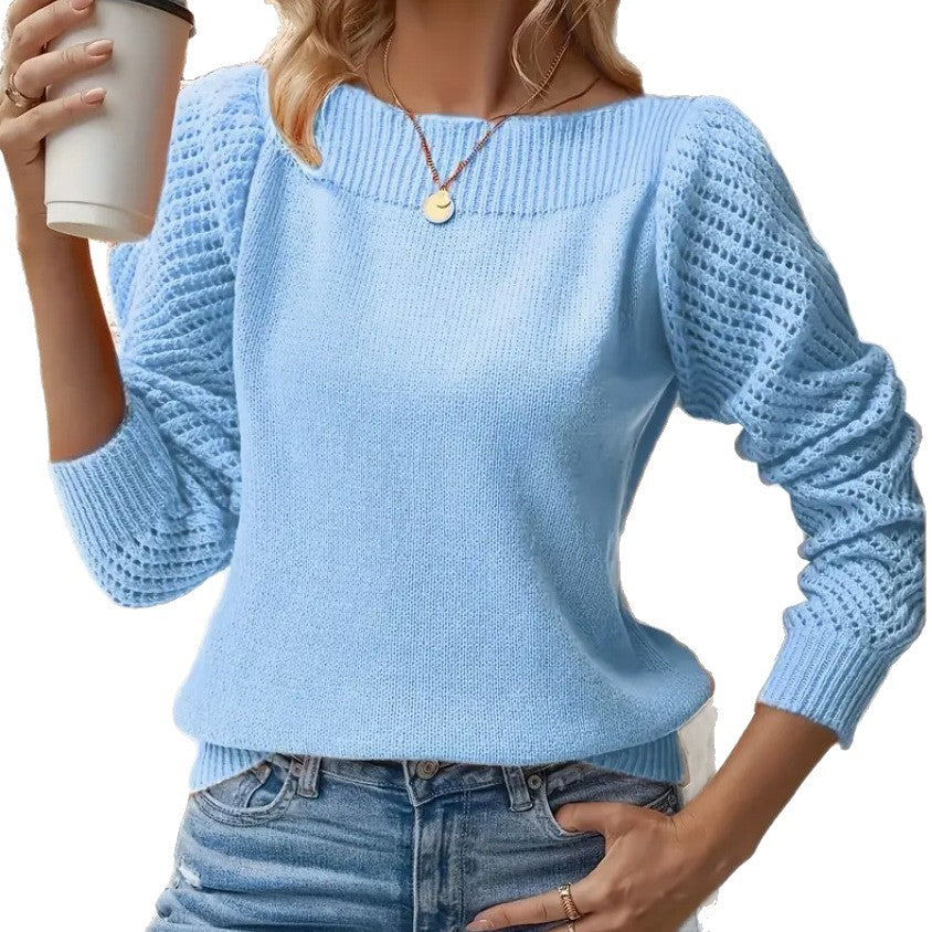 Damen nan feiner Strickpullover mit Ajour- Puffärmeln und U-Boot-Ausschnitt EB