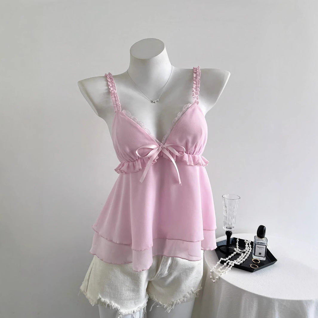 Damen lässiges Top mit Rüschendetails und Schleifenakzent EB