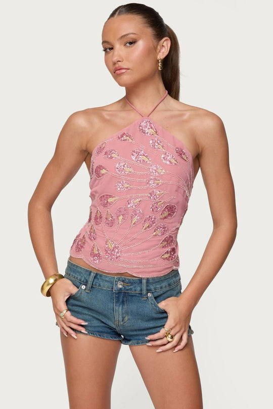 Damen Glitzerndes Halboberteil mit floralen Pailletten und feinen Trägern EB
