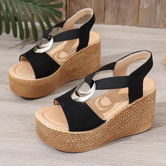 Damen Wedge-Sandalen mit elegantem Riemen und stilvollem Korkabsatz EB