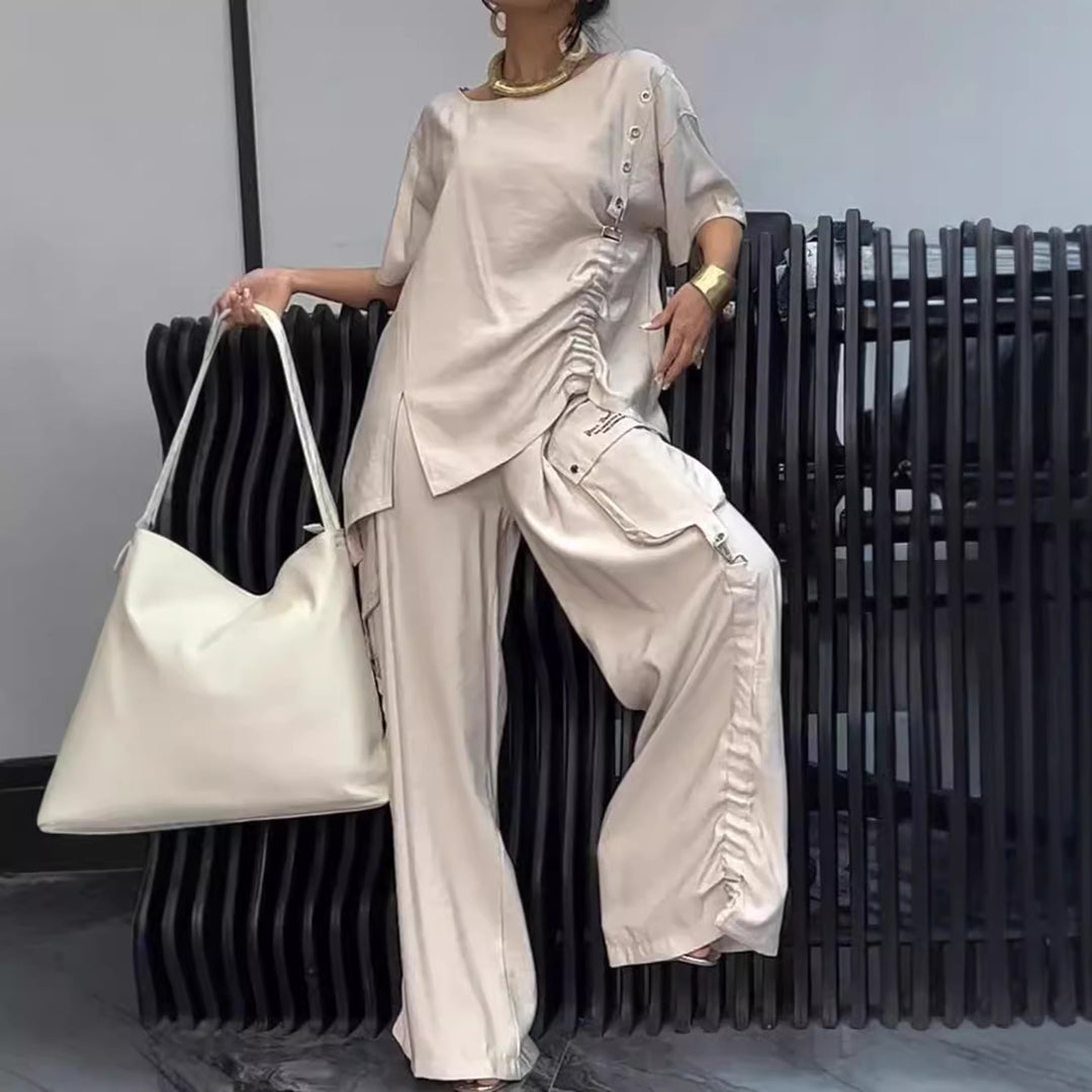 Damen nan lässiges zweiteiliges Ensemble mit geraffter Oversize-Bluse und Cargo-Palazzohose EB