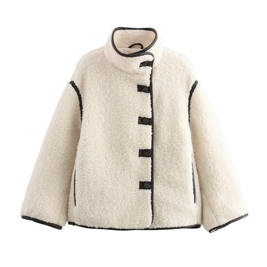 Damen kuschelige Fleecejacke mit hohem Kragen und dekorativen Knopfdetails EB