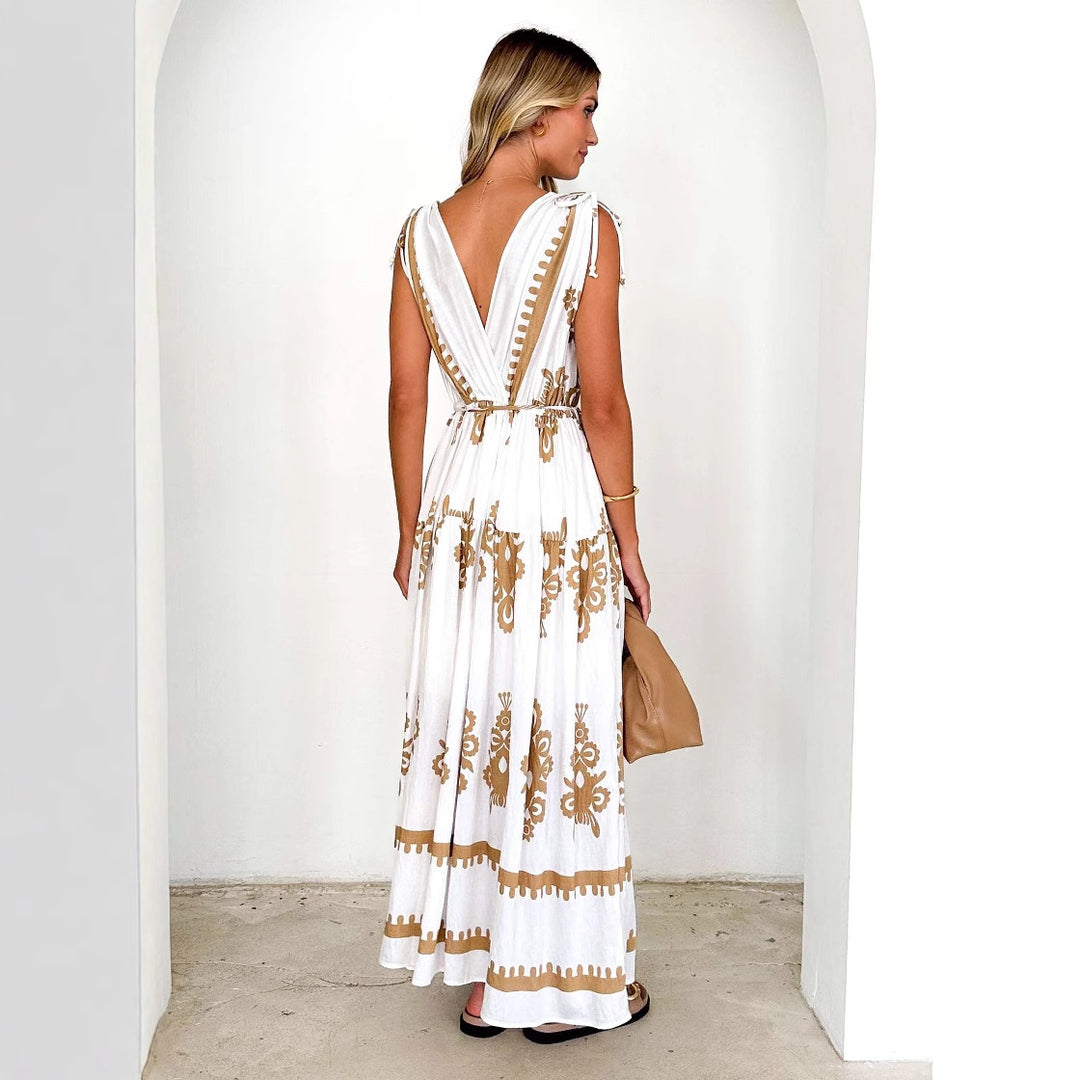 Damen Maxikleid mit kunstvollem geometrischen Muster und elegantem V-Ausschnitt EB