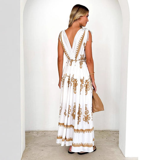 Damen Maxikleid mit kunstvollem geometrischen Muster und elegantem V-Ausschnitt EB
