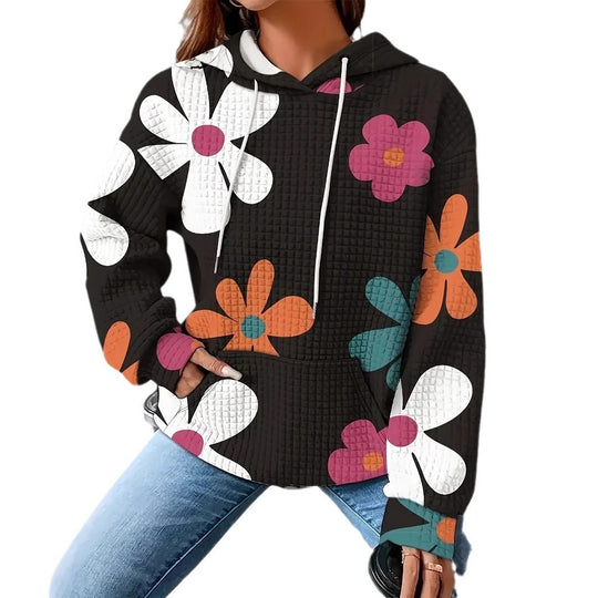 Damen lockerer Kapuzenpullover mit farbenfrohem Blumendesign EB
