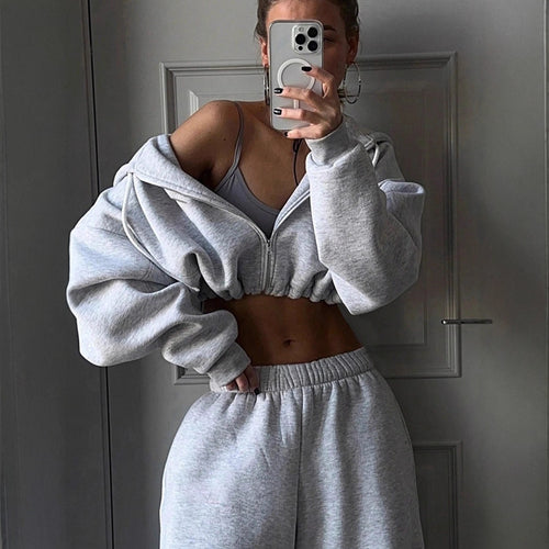 Damen lässiges Cropped Sweat-Set mit voluminösen Ärmeln und weitem Schnitt EB
