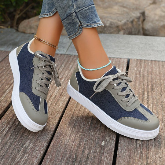 Damen Plateau‑Sneaker im Denim‑Look mit gepolstertem Komfortfußbett und Elastik‑Schnürung EB