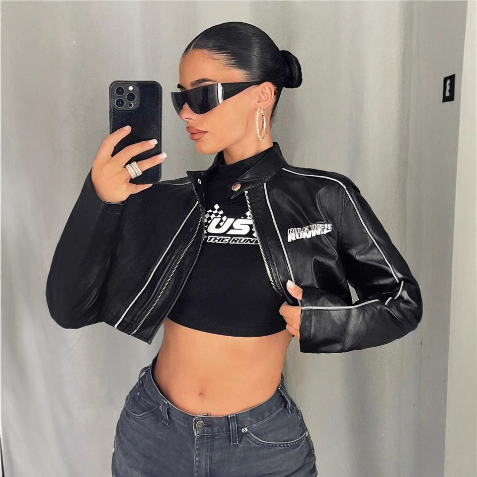 Damen cropped Kunstlederjacke mit sportlichen Zierelementen EB