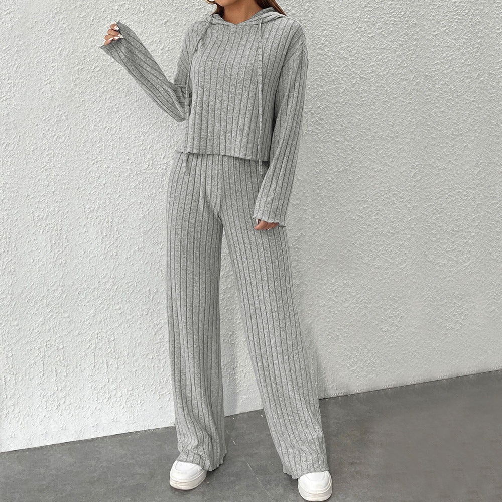 Damen geripptes Lounge-Set mit Kapuzenpullover und weiter Highwaist-Hose Eichborn Berlin