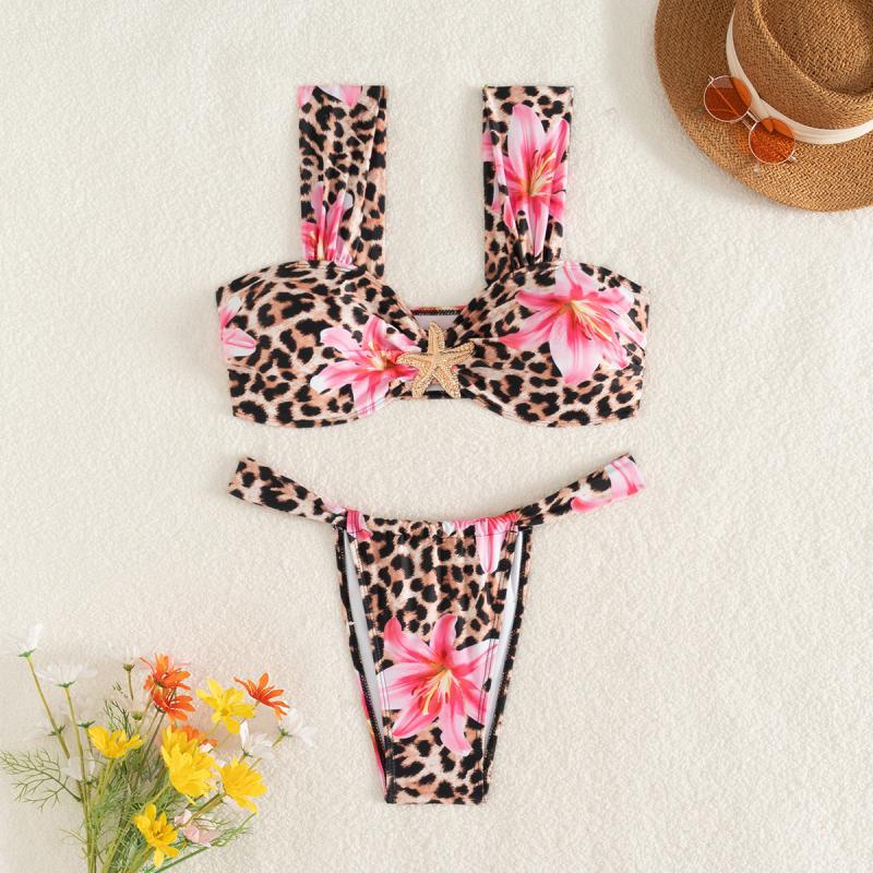 Damen Bikini-Set mit floralem Leopardenmuster und elegantem Knotendetail EB