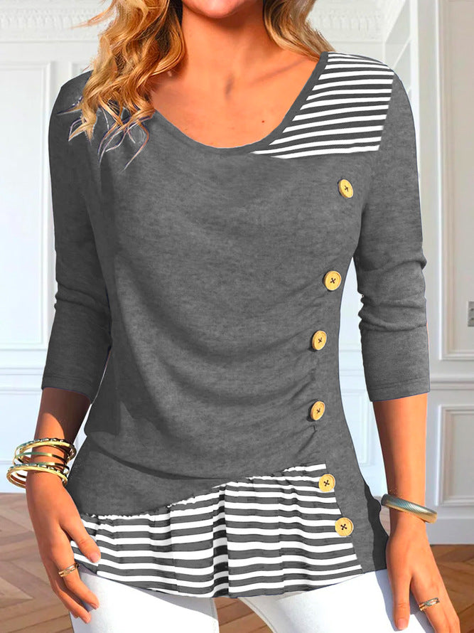 Damen Langarmshirt mit Knopfdetails und gestreiftem Saum EB