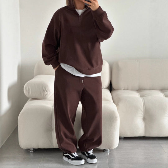 Damen gemütliches Fleece-Loungewear-Set mit Stehkragen und Reißverschluss EB
