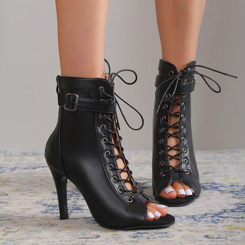 Damen Schnürstiefeletten mit offenem Zehenbereich und hohem Absatz EB