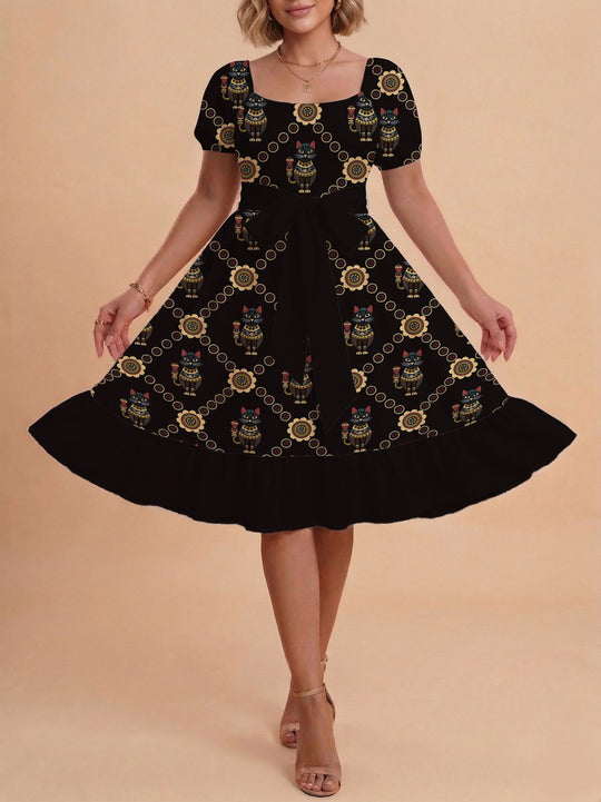 Damen Retro Maxikleid mit Puffärmeln und Taillengürtel EB