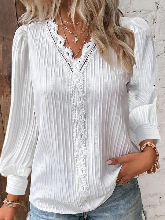 Damen nan romantische V-Ausschnitt Spitzenbluse mit Plissee und Puffärmeln EB