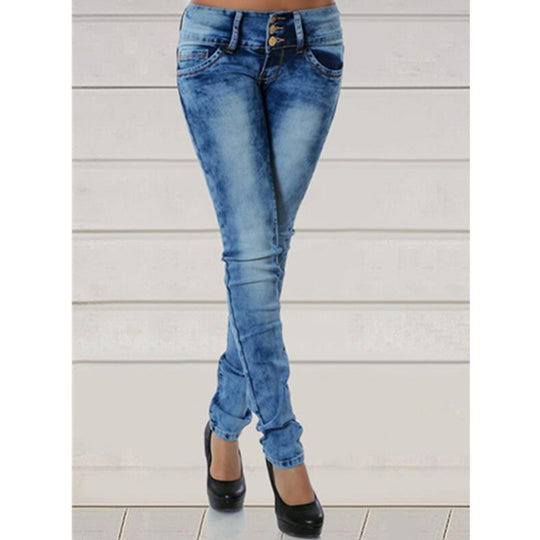 Damen figurbetonte Jeans mit Knopfleiste und lässigem Waschung EB
