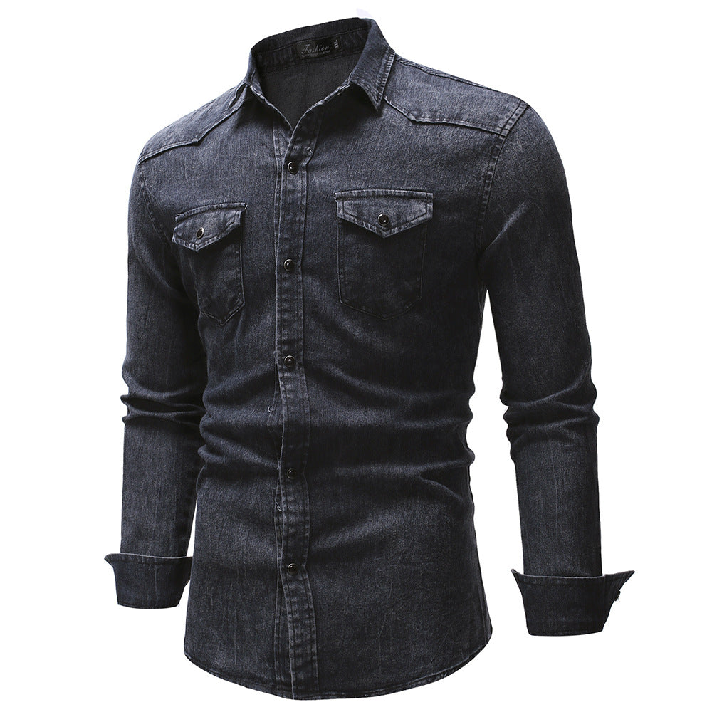 Herren nan oversized Denim-Hemdenjacke mit geschwungenem Saum und aufgesetzten Pattentaschen EB
