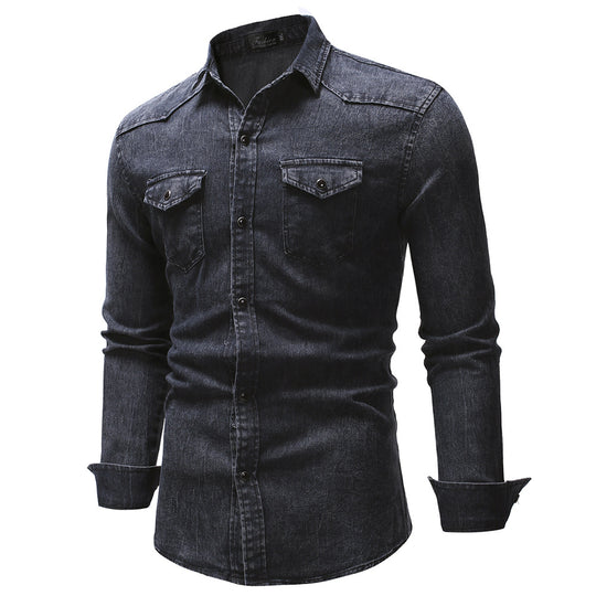Herren nan oversized Denim-Hemdenjacke mit geschwungenem Saum und aufgesetzten Pattentaschen EB
