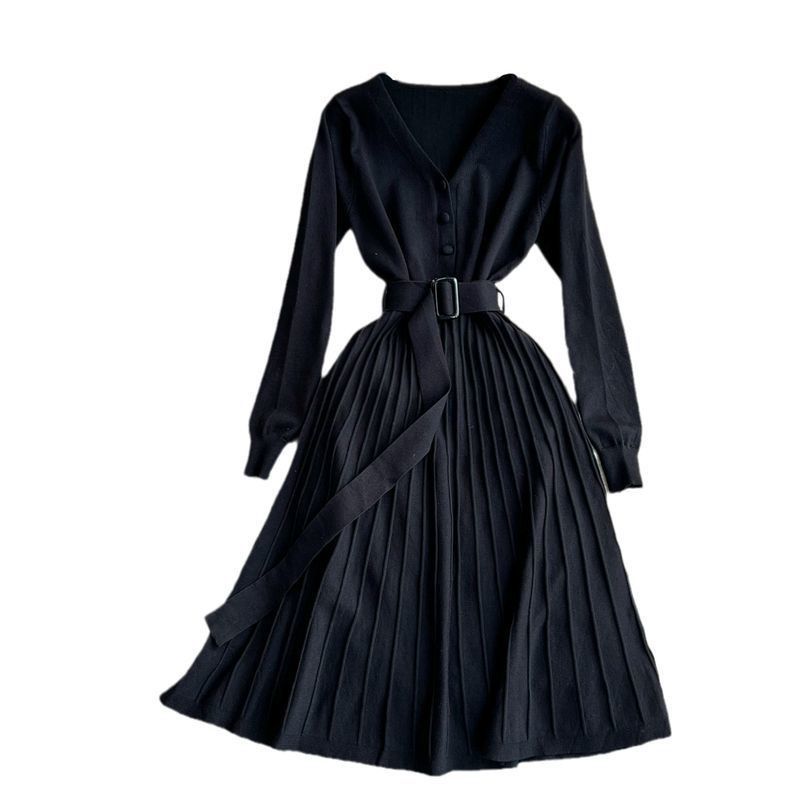 Damen Plissiertes Kleid mit Gürtel und V-Ausschnitt EB