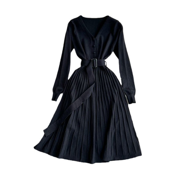 Damen Plissiertes Kleid mit Gürtel und V-Ausschnitt EB