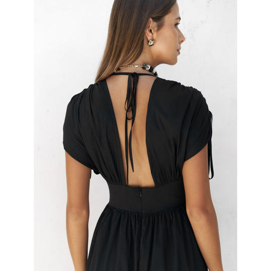 Damen elegante Maxi-Kleid mit raffiniertem Wickeldesign und tiefem V-Ausschnitt EB