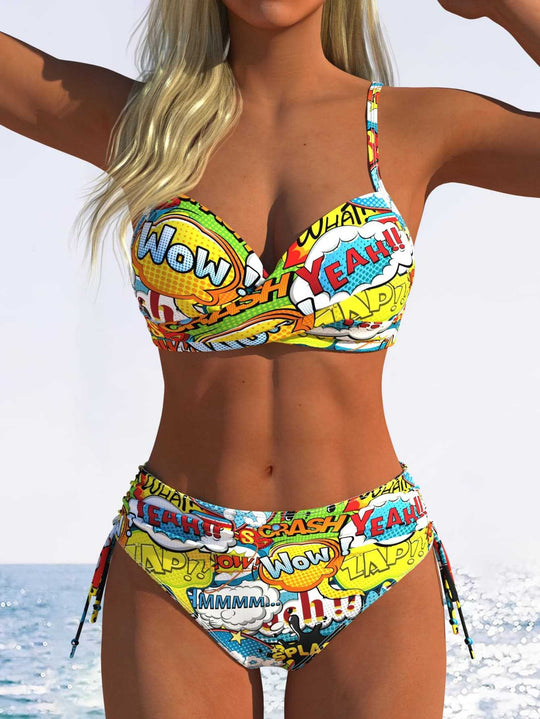 Damen Bikini-Set mit verspieltem Comic-Print und verstellbaren Seitenschnüren EB