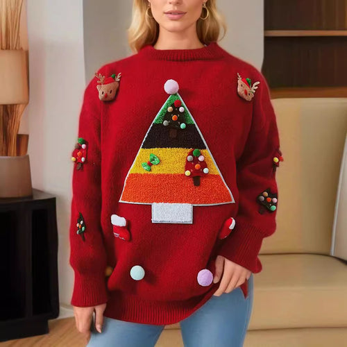 Damen Weihnachts-Pullover mit fröhlichem Weihnachtsbaum-Design und 3D-Applikationen EB